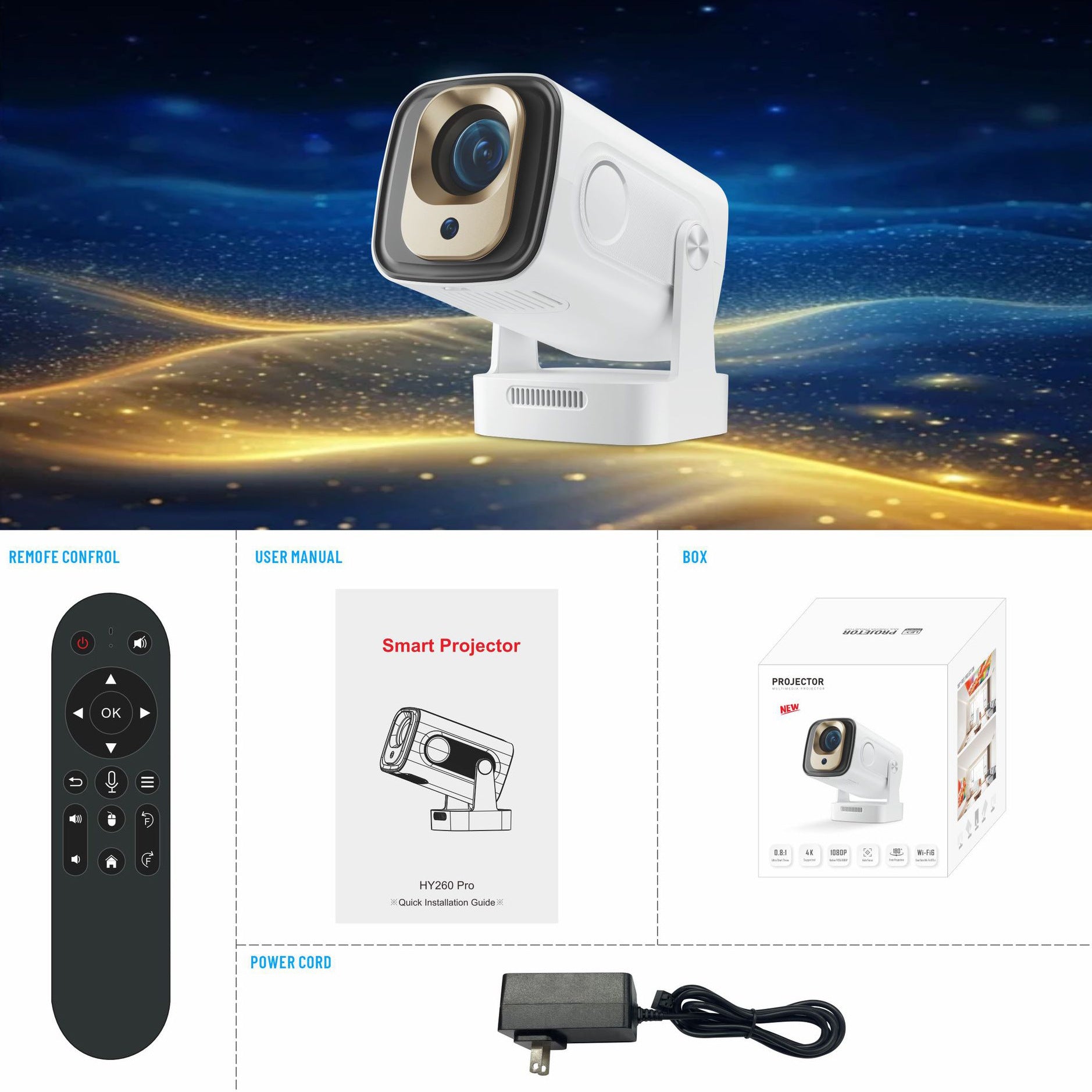Mini Proyector Portátil HY260 Pro Wifi 6 Bluetooth Autoenfoque 1080P