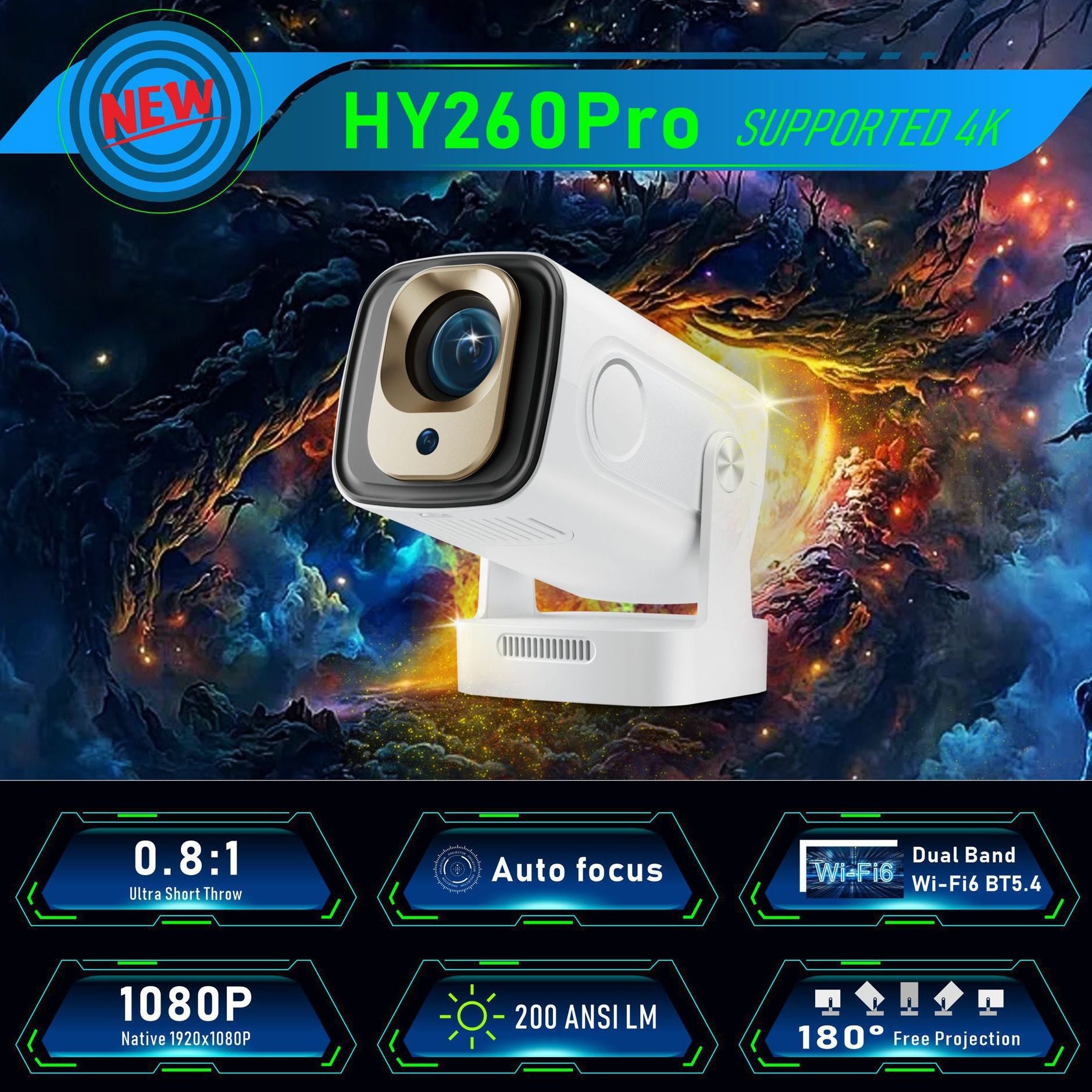 Mini Proyector Portátil HY260 Pro Wifi 6 Bluetooth Autoenfoque 1080P